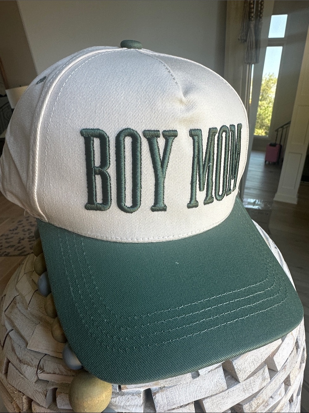 BOY MOM Embroidered Trucker Hat in Cream and Forest Green